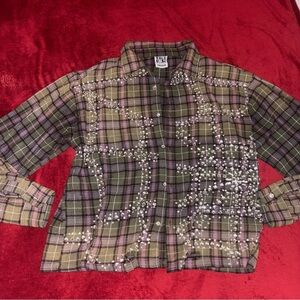 VALE Embellished Plaid Button-Up Shirt in Olive and Purple